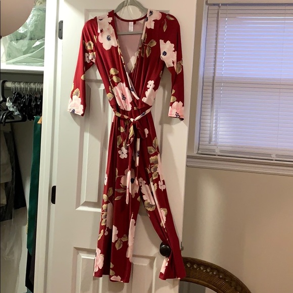 No Boundaries Pants - NWOT Red Flower Jumpsuit with Cinched Waist Tie
